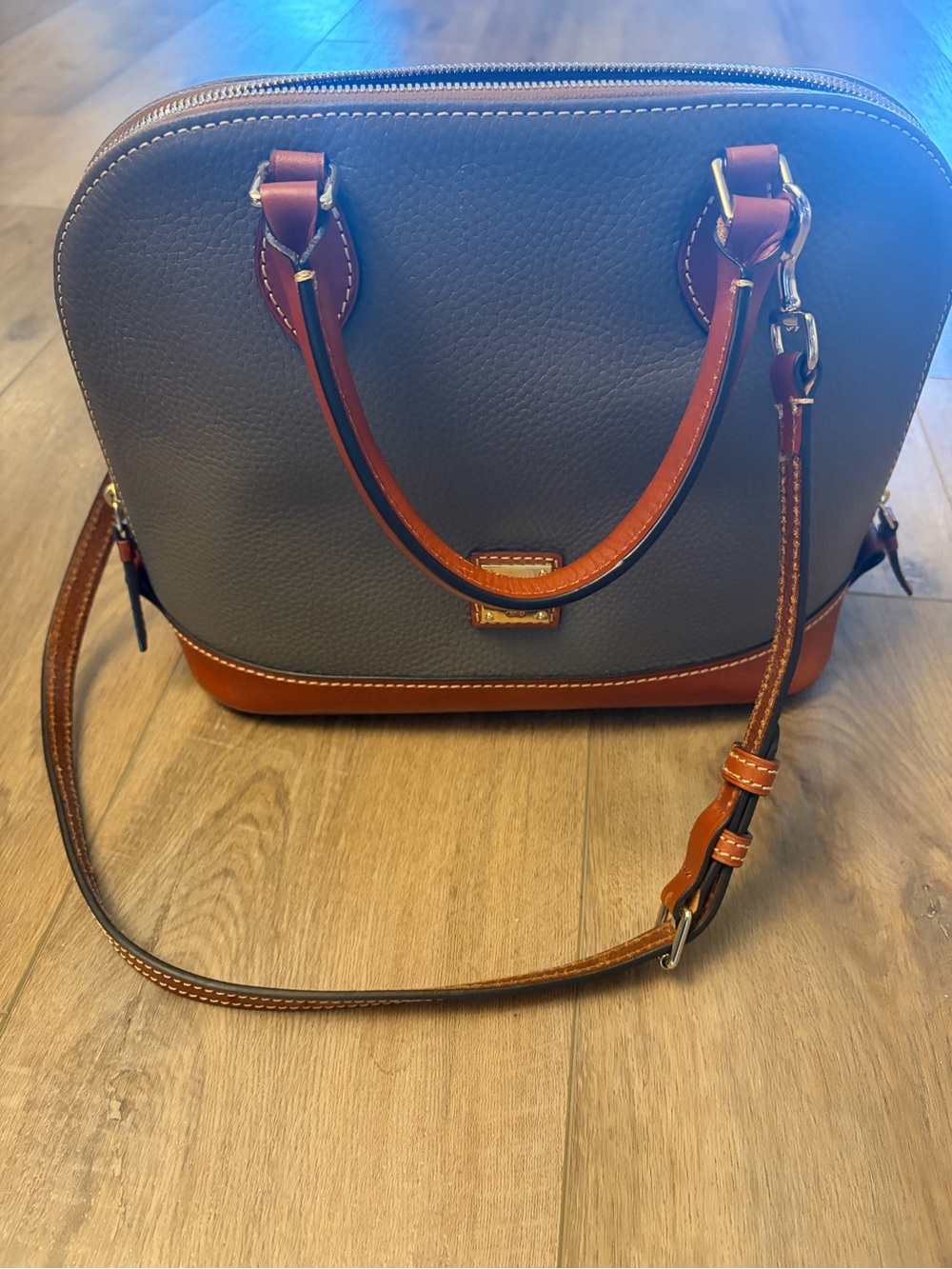 Dooney & Bourke Gray and Brown Leather Dome Satchel with Shoulder Strap - Picture 2 of 8